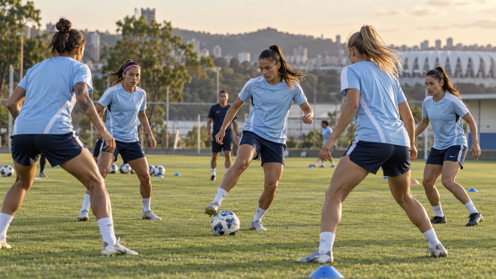 Futbolistas entrenan con pelota en una cancha antes de una gira internacional