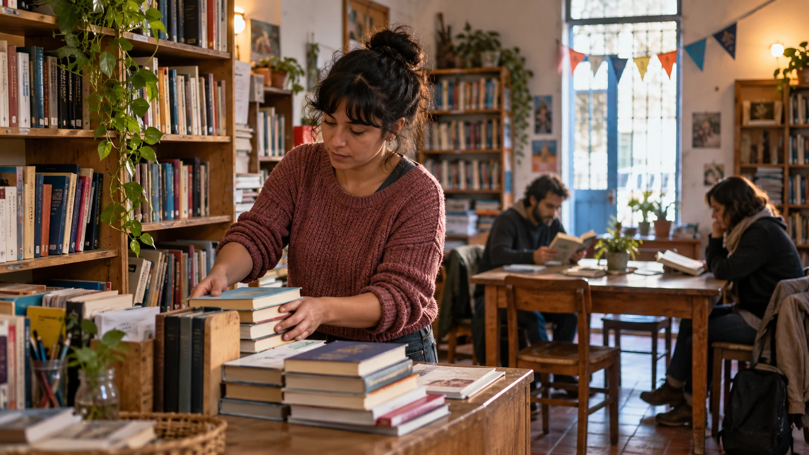Una bibliotecaria organiza libros en una biblioteca comunitaria con lectores.