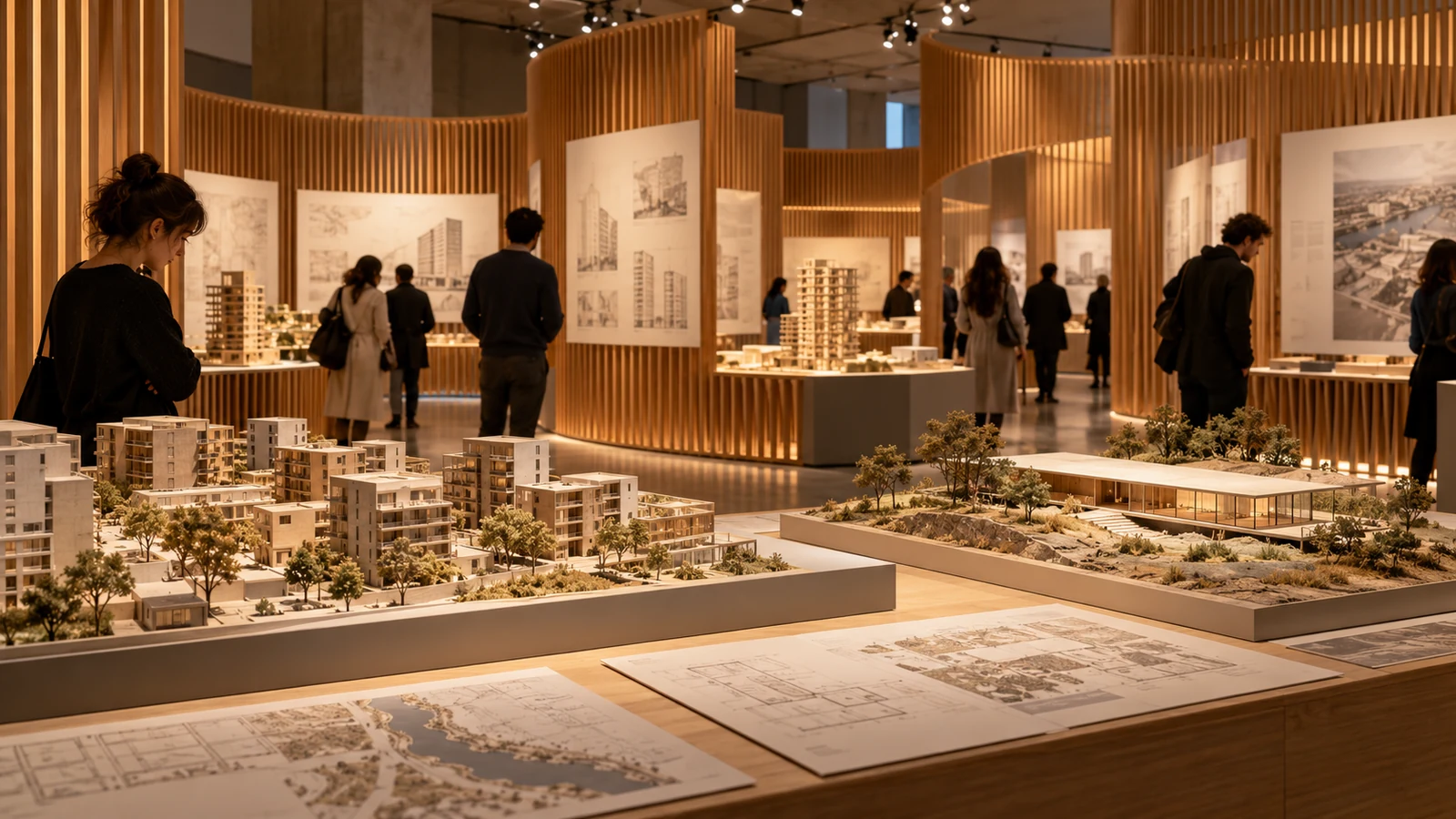 Maquetas de viviendas y paisaje en una exposición de arquitectura con instalación de madera.