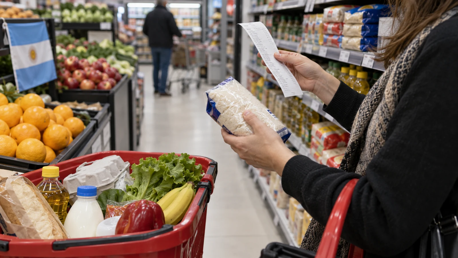Una consumidora compara alimentos y un recibo en un supermercado argentino