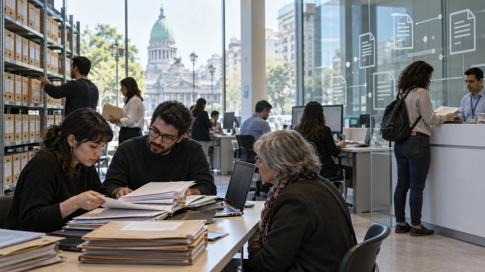 Una persona consulta documentos públicos en una sala de archivo institucional