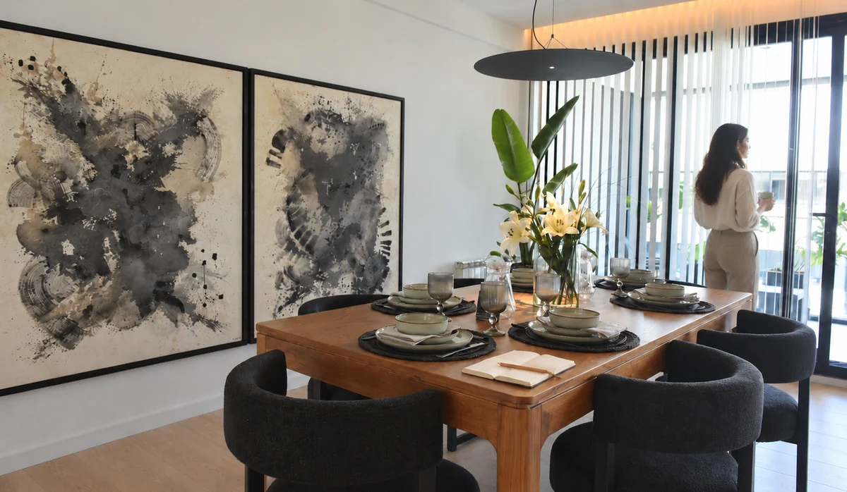Comedor con mesa de madera, sillas oscuras, obras y una luminaria suspendida.