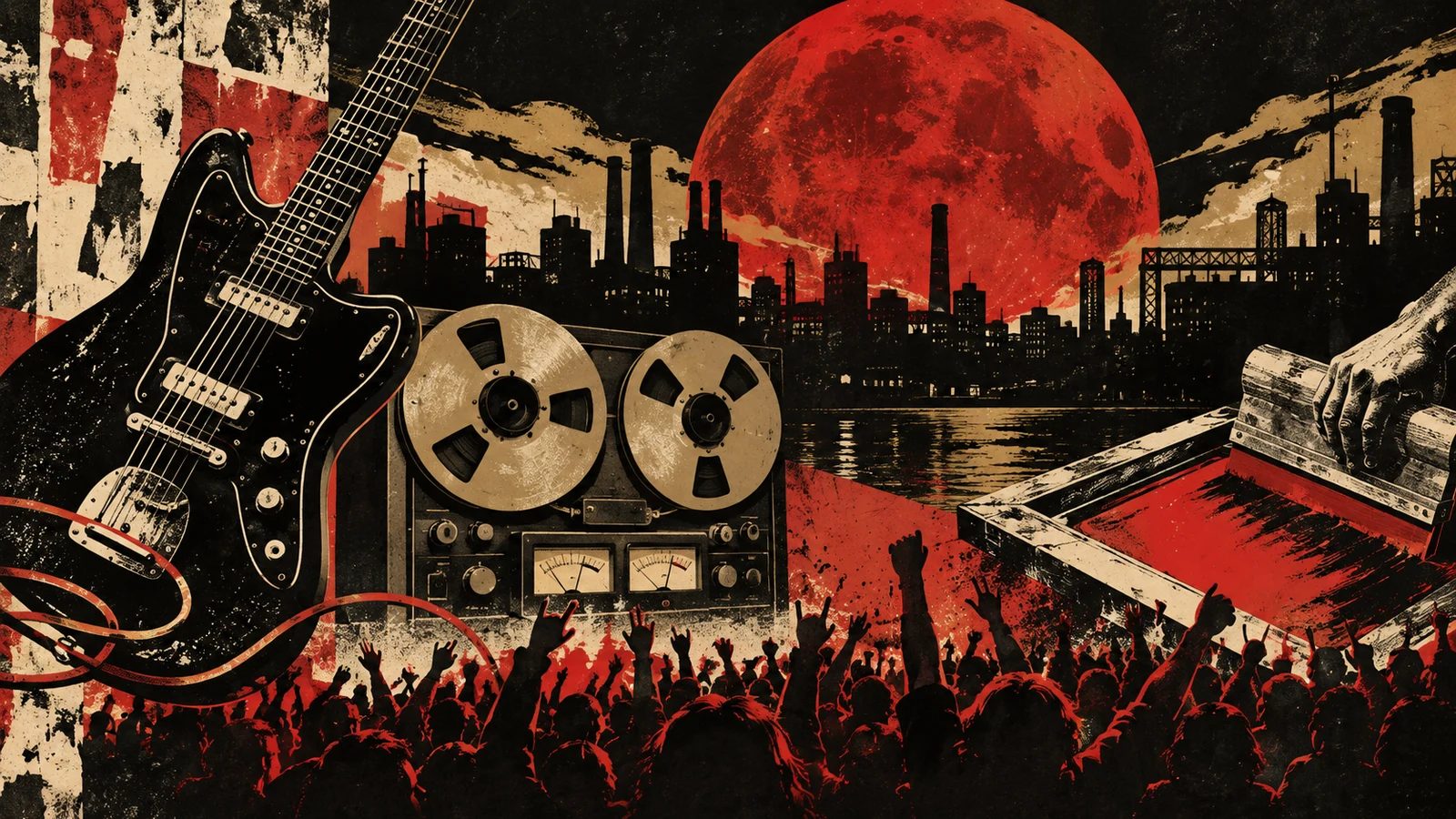 Guitarra, cinta analógica, luna roja y gráfica de rock