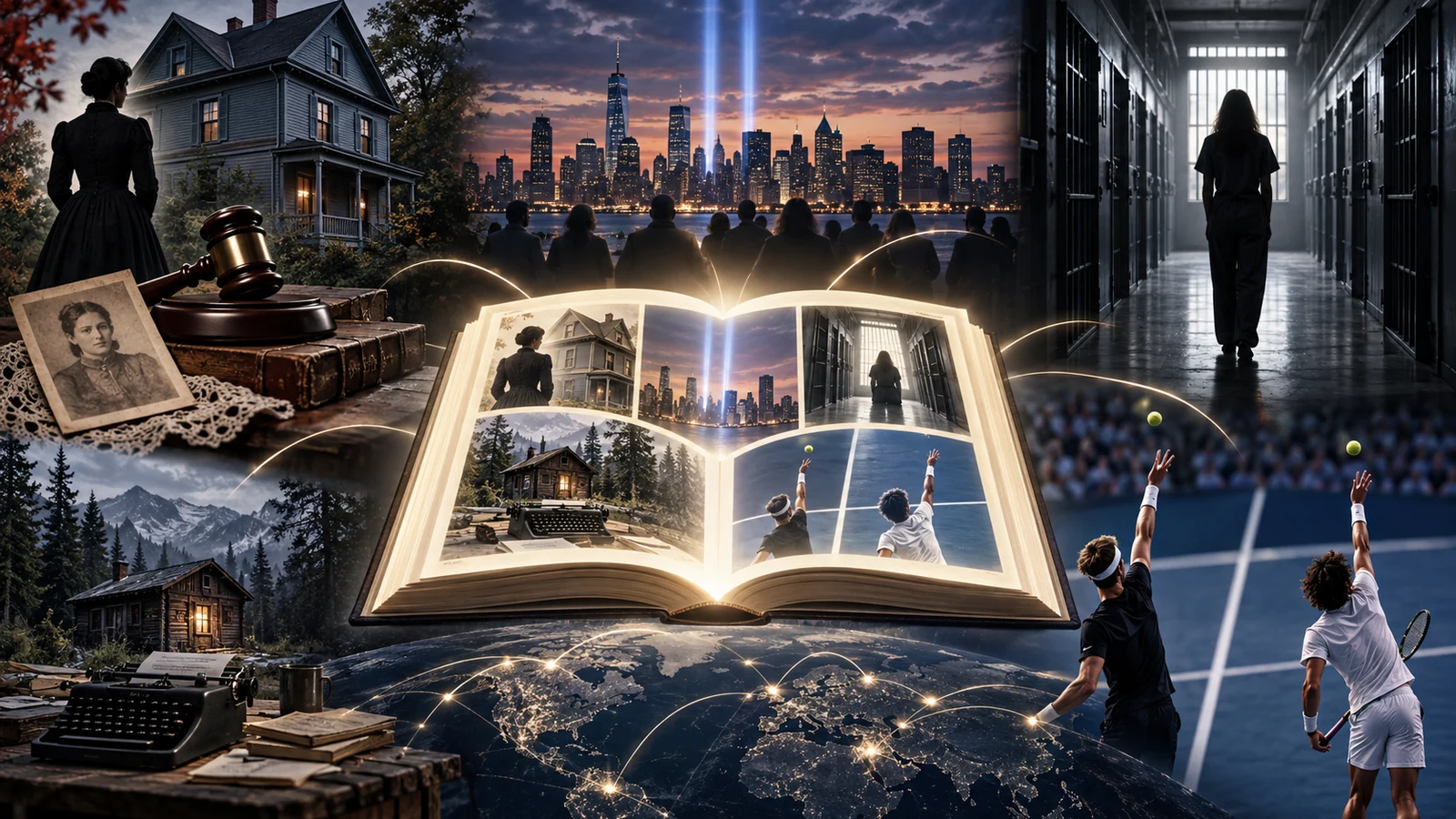 Libro digital rodeado por símbolos de historia, crónica criminal y tenis