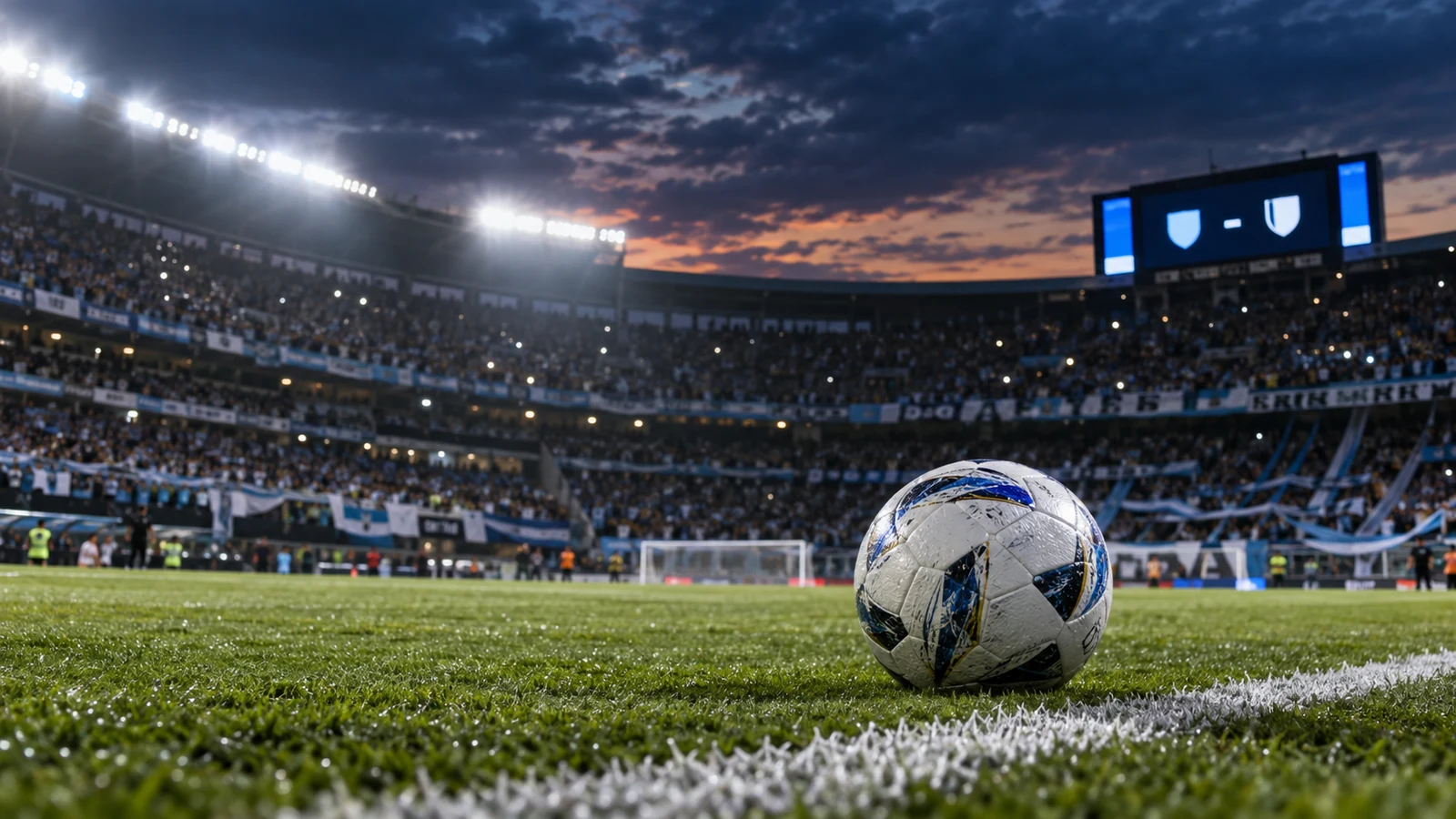 Pelota sobre el césped de un estadio antes de un partido nocturno