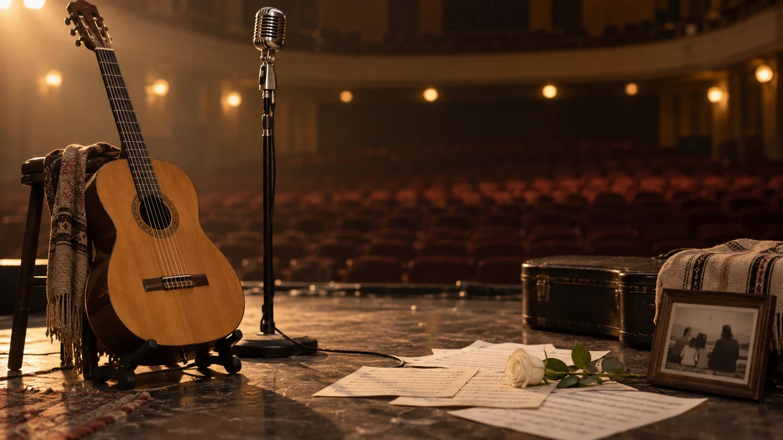Guitarra acústica y micrófono sobre un escenario preparado para un homenaje musical
