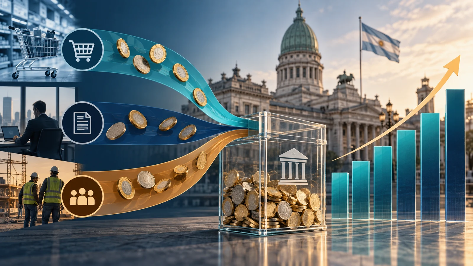 Flujos tributarios y barras de recaudación argentina