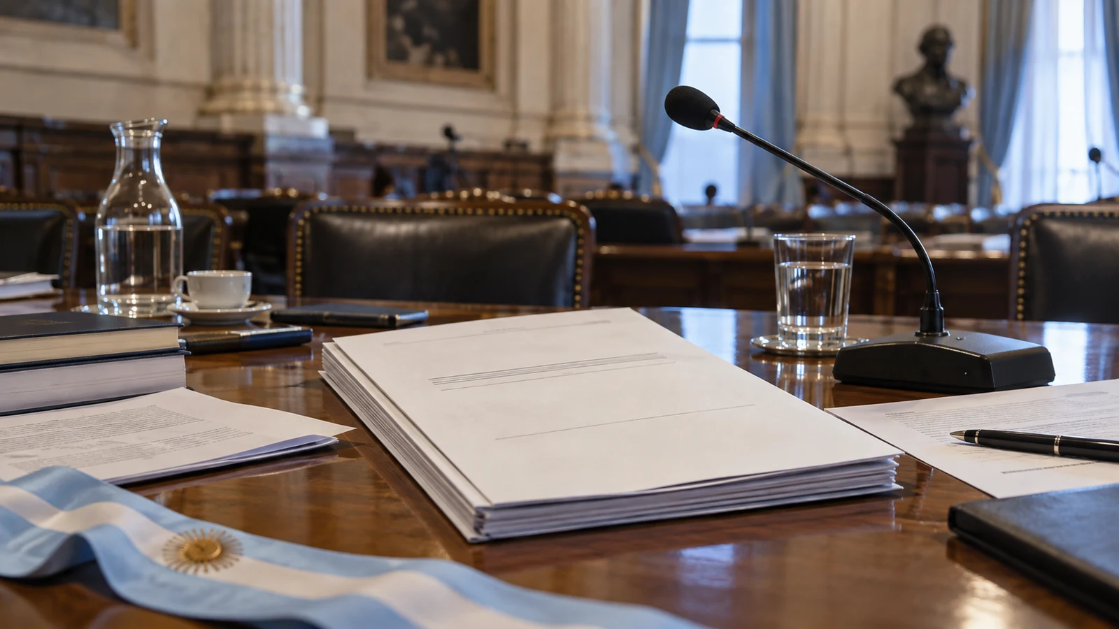 Mesa de comisión legislativa con documentos y un micrófono