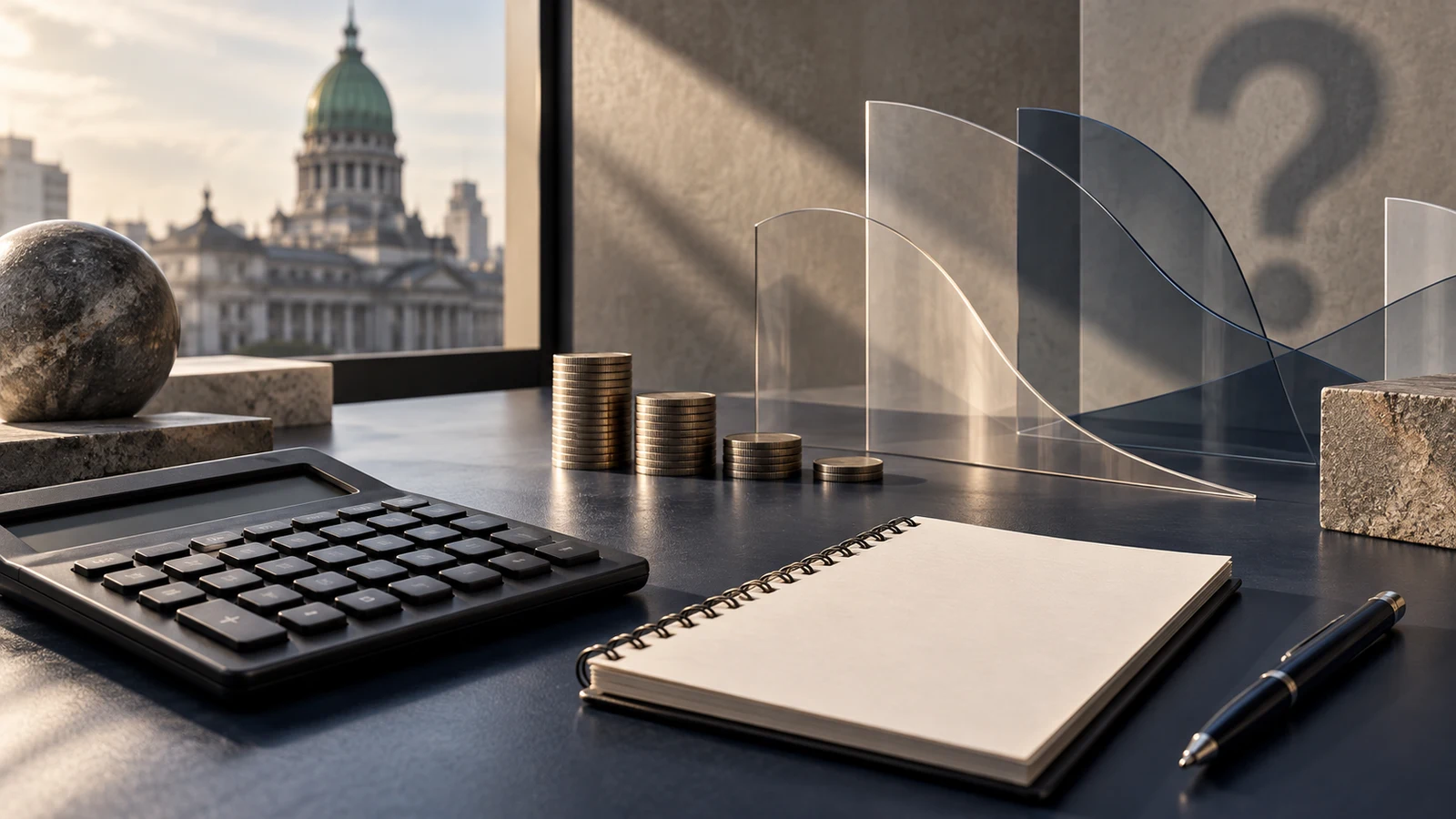 Calculadora, cuaderno y monedas en una composición sobre expectativas económicas
