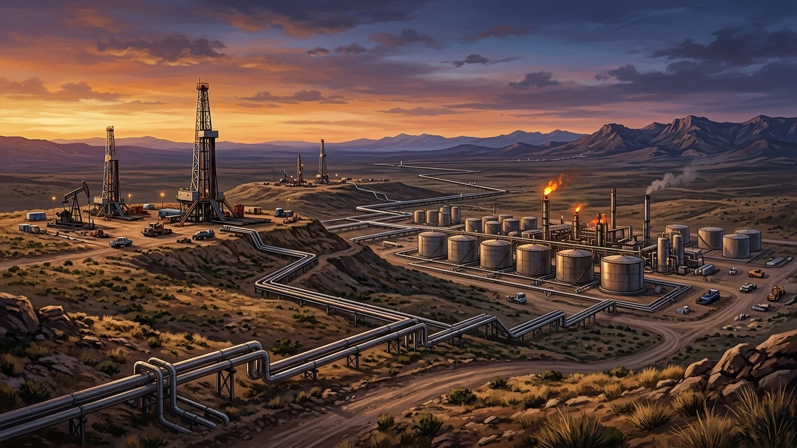 Ilustración editorial de una planta de tratamiento y pozos petroleros en la meseta de Vaca Muerta