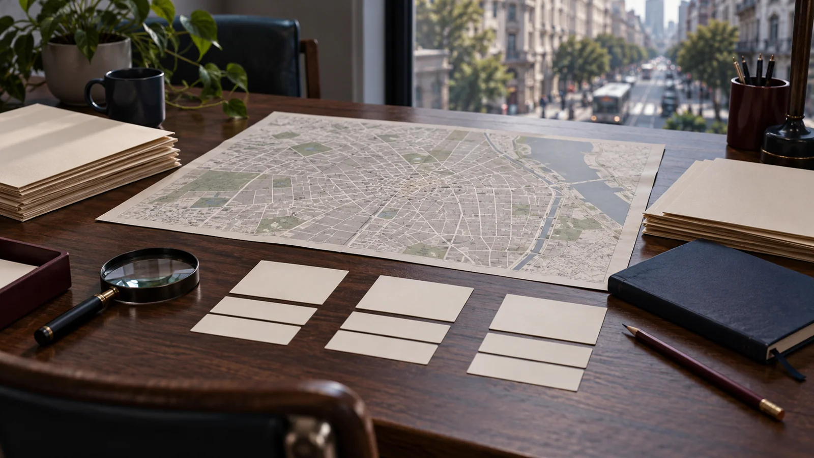Mapa urbano, carpetas y cuaderno en una mesa de análisis.