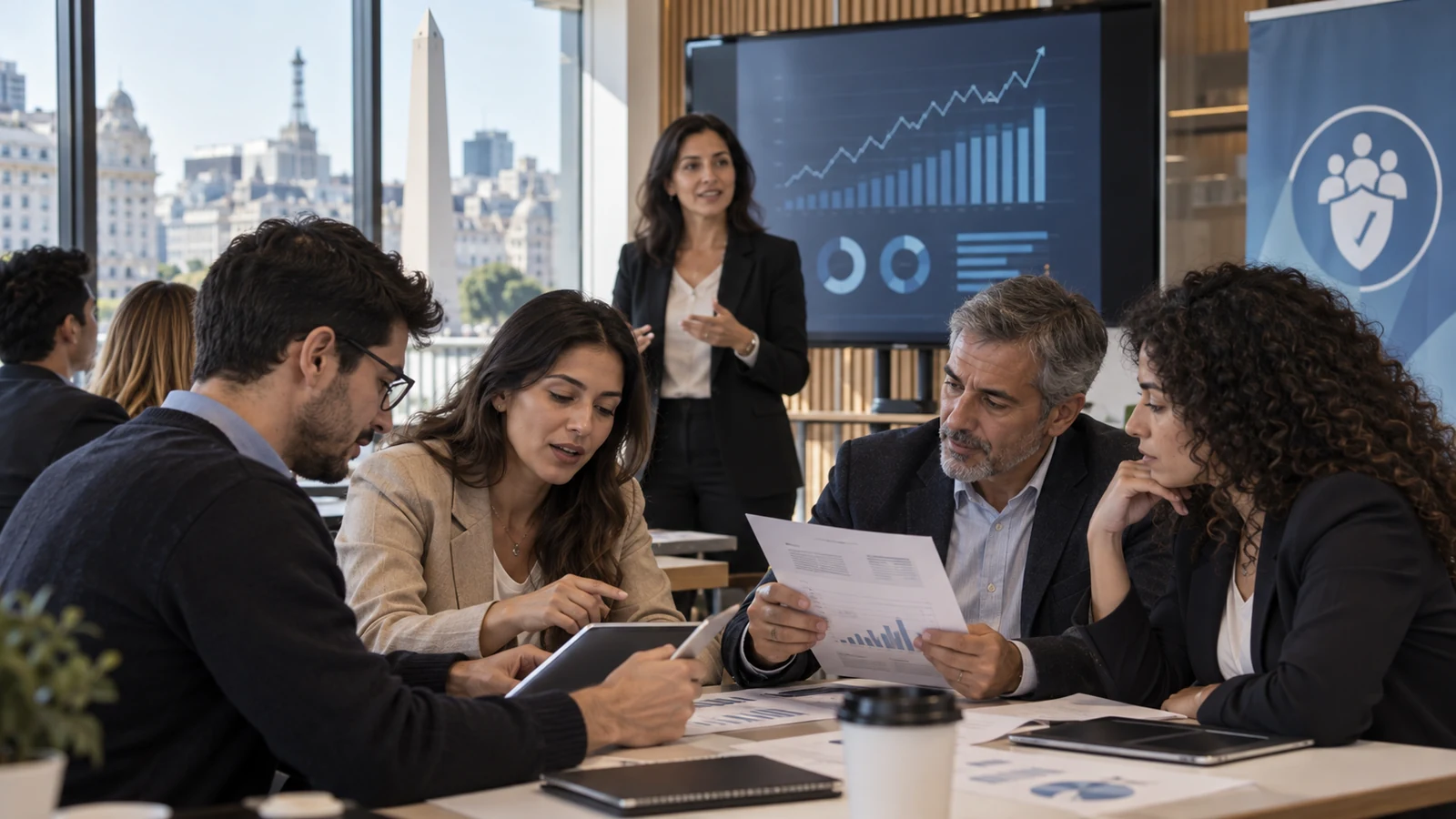 Participantes de un taller revisan información financiera junto a una facilitadora