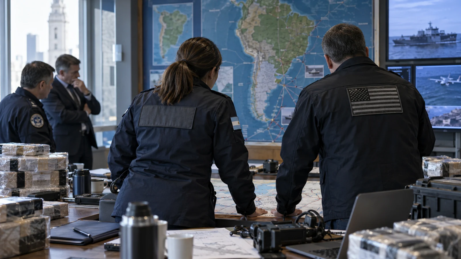 Funcionarios de seguridad analizan un mapa regional en una sala de coordinación