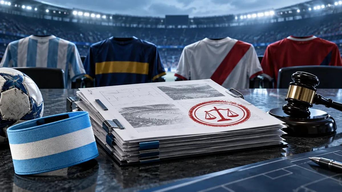 Ilustración de un expediente disciplinario, un brazalete argentino y un estadio de fútbol