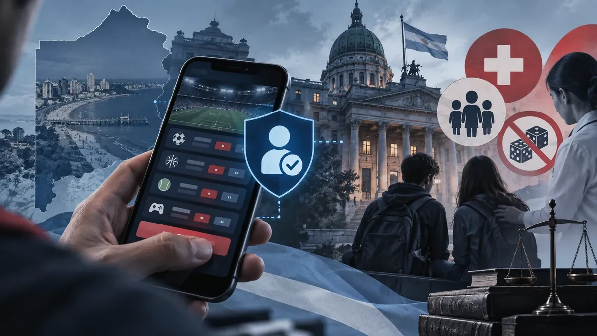 Teléfono con una plataforma de apuestas, un escudo de verificación y un edificio legislativo