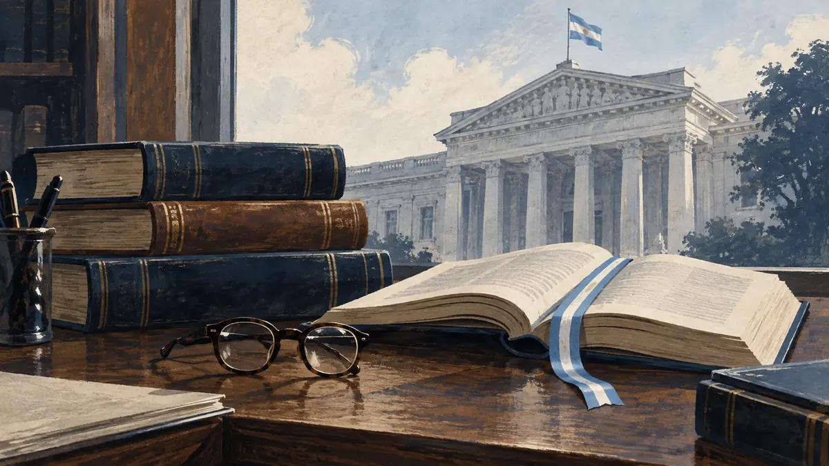 Libros jurídicos y anteojos ante una representación conceptual de un tribunal