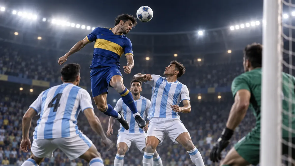 Ilustración de un delantero con camiseta azul y amarilla que salta a cabecear frente a defensores