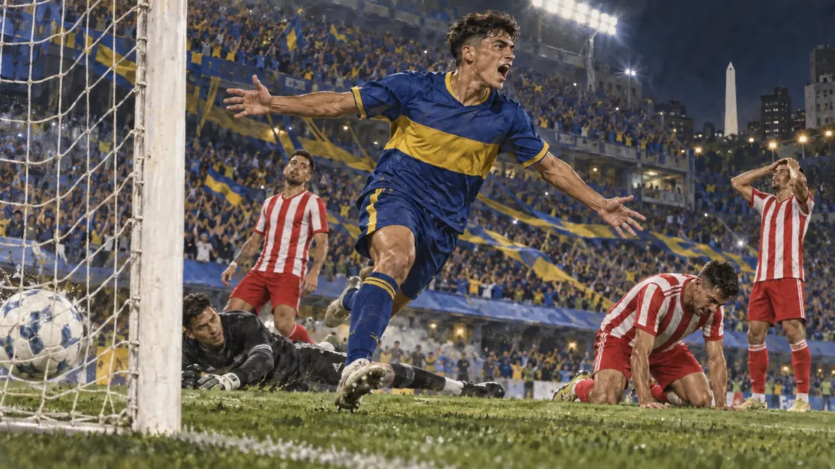 Delantero con camiseta azul y amarilla remata ante defensores vestidos de rojo y blanco