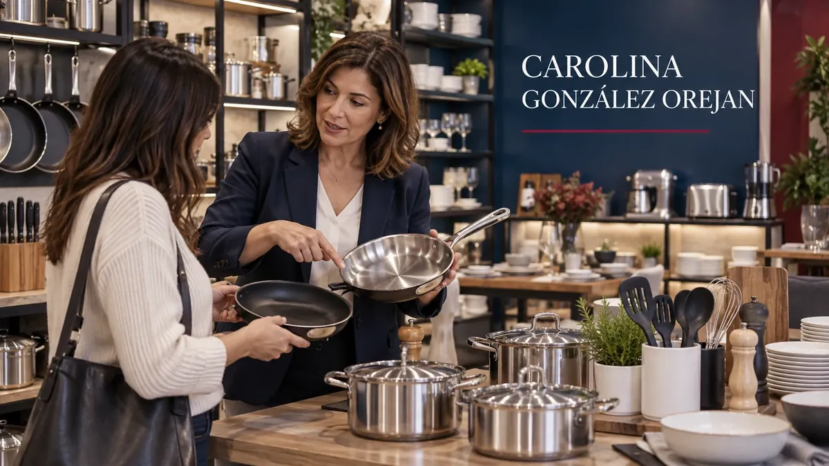 Asesora compara sartenes con una clienta en una tienda de artículos de cocina junto al nombre Carolina González Orejan
