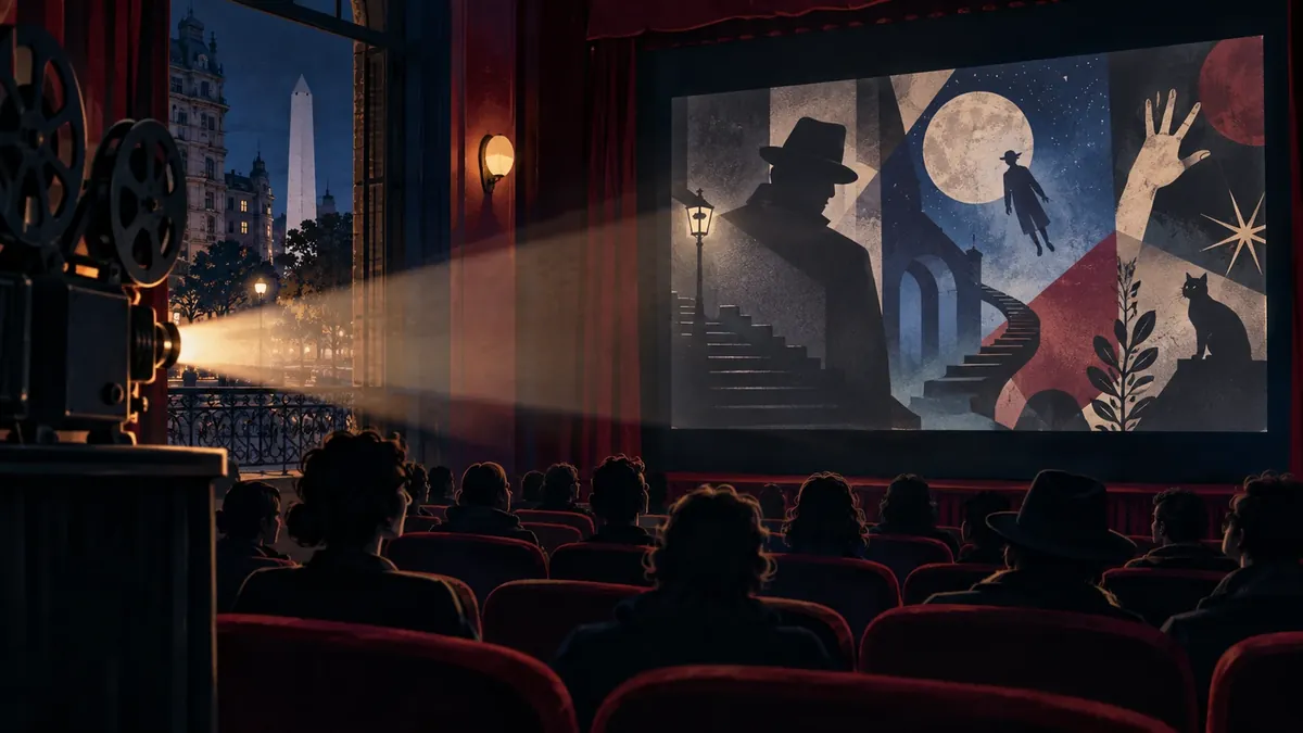 Sala de cine con proyector y público durante una función en Buenos Aires