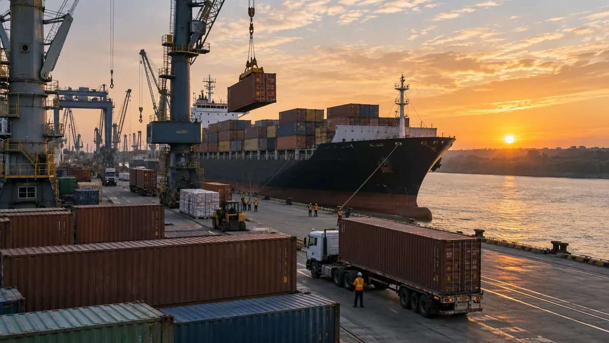 Contenedores, grúas y un buque mercante en un puerto fluvial al amanecer