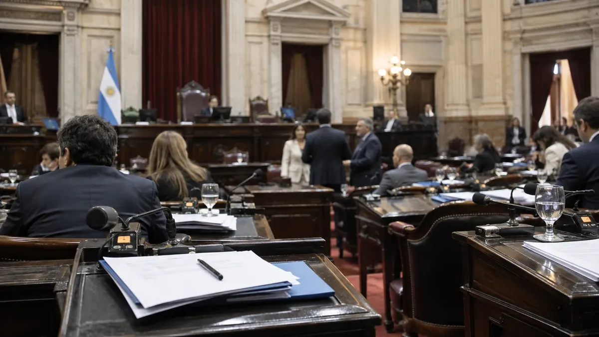Bancas y documentos en una cámara legislativa argentina