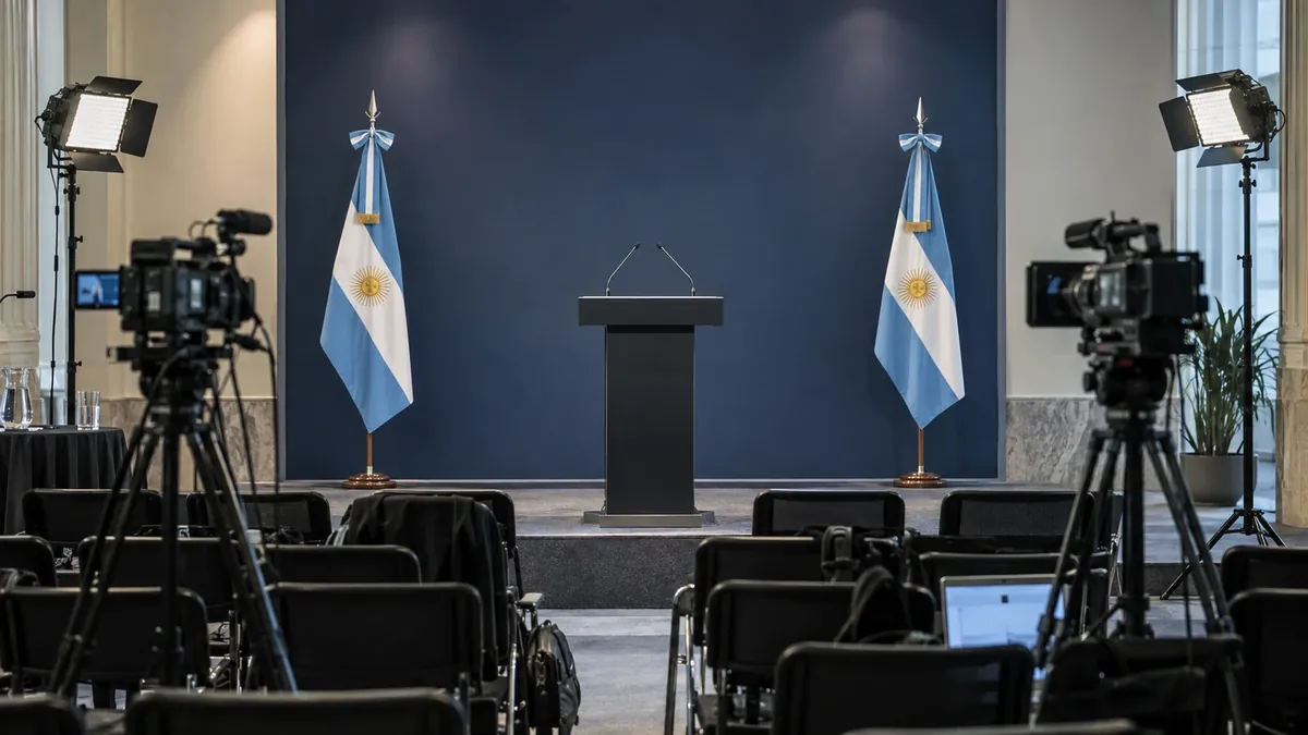 Atril vacío y cámaras en una sala de prensa institucional