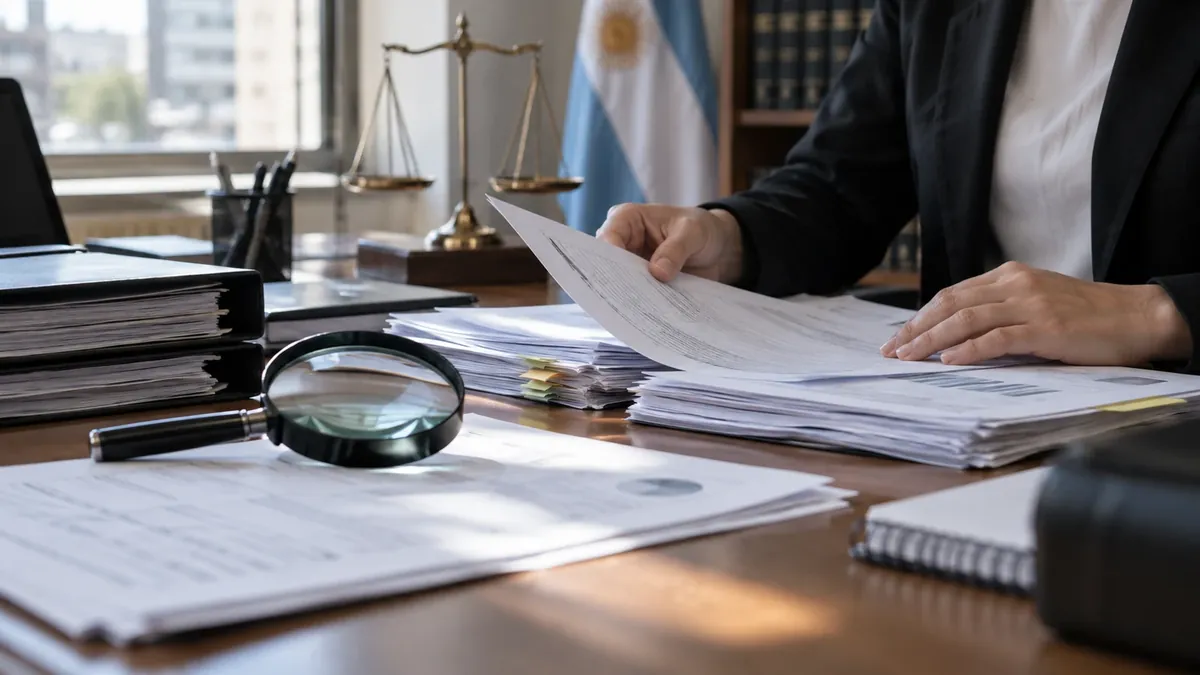 Persona revisa documentación genérica en una mesa de trabajo jurídico