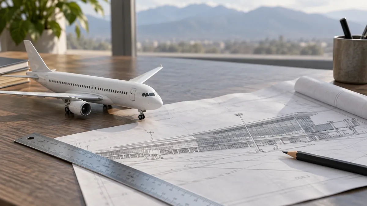 Maqueta de avión junto a planos de una terminal aeroportuaria