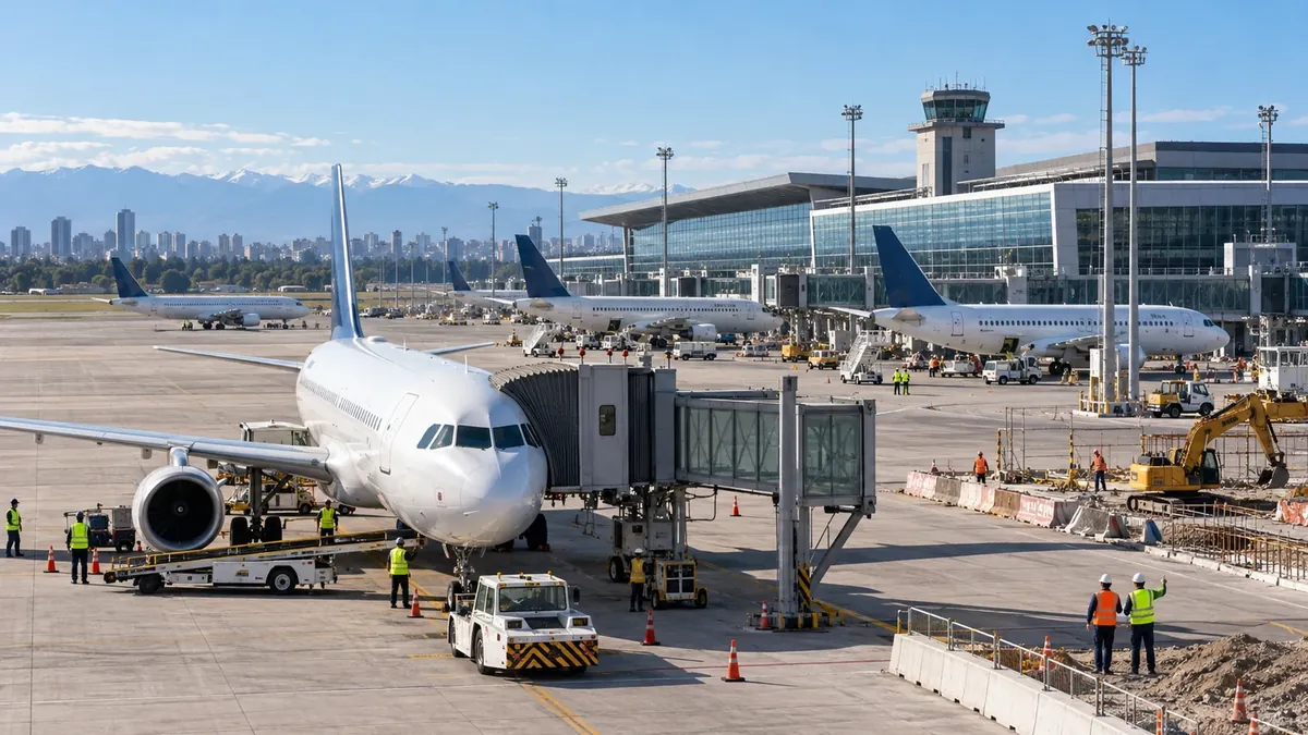 Aviones, terminal y trabajadores en la plataforma de un aeropuerto