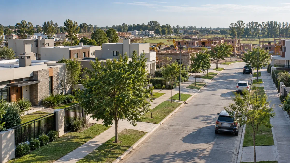 Barrio residencial en desarrollo con viviendas, calles e infraestructura