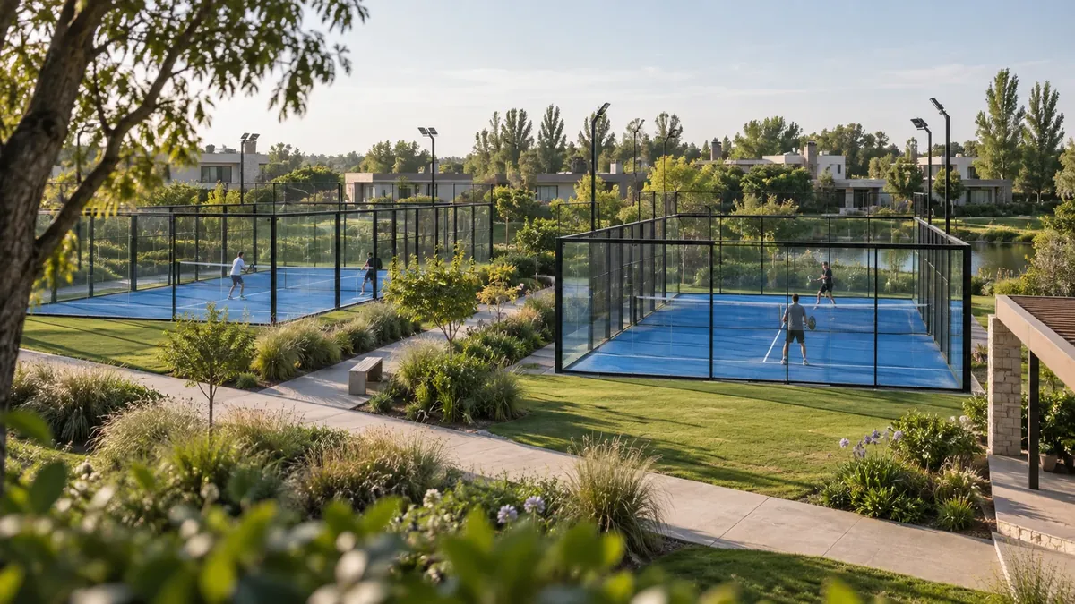 Dos canchas de pádel entre senderos y viviendas residenciales