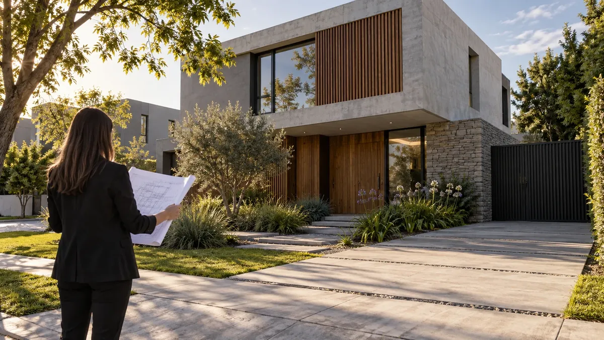 Arquitecta revisa planos frente a una vivienda contemporánea con vegetación