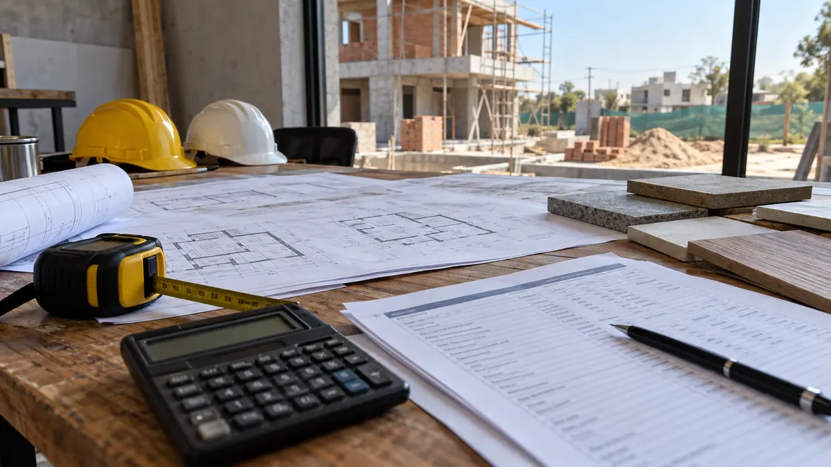 Planos, calculadora, cinta métrica y materiales frente a una obra residencial