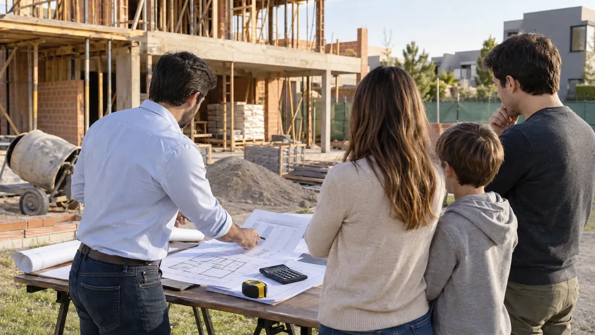 Familia y profesional revisan el presupuesto junto a una casa en construcción
