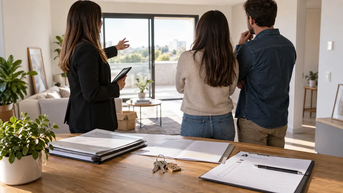 Compradores y profesional revisan detalles durante la entrega de una vivienda