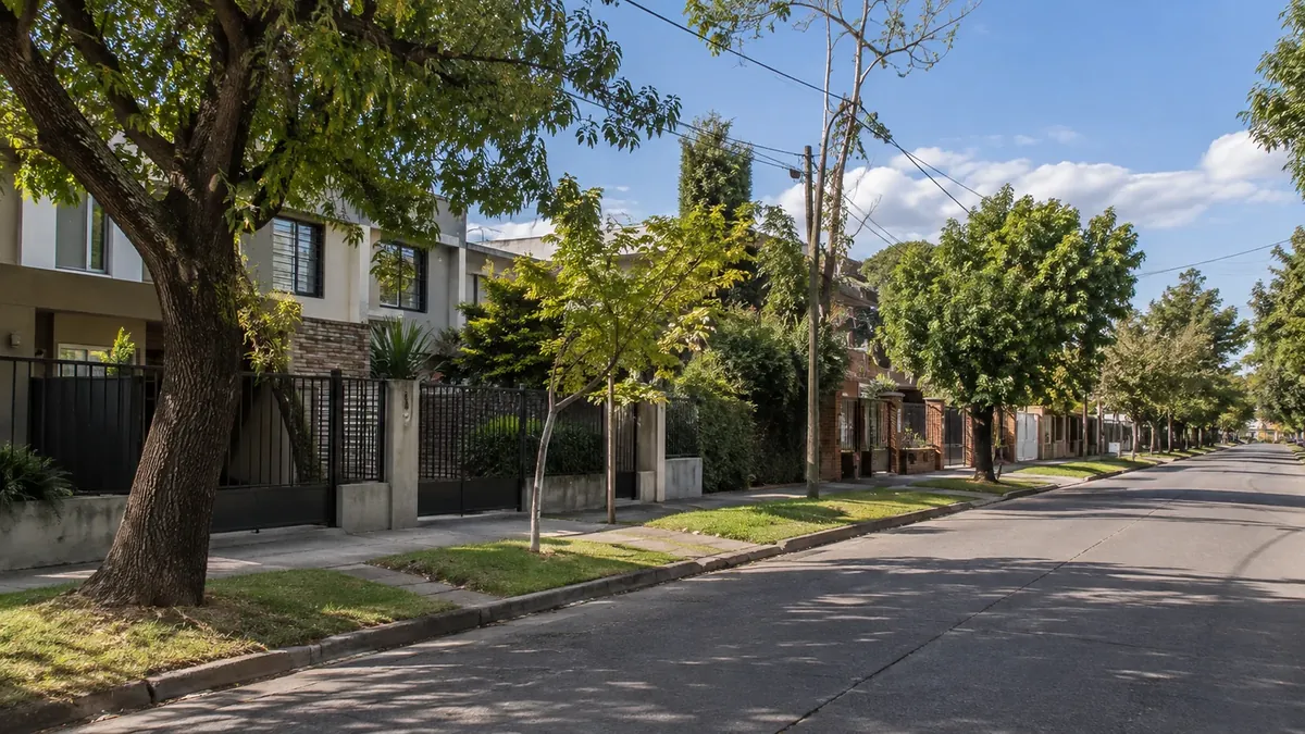Calle residencial arbolada con viviendas y veredas en una escena conceptual de Tortuguitas