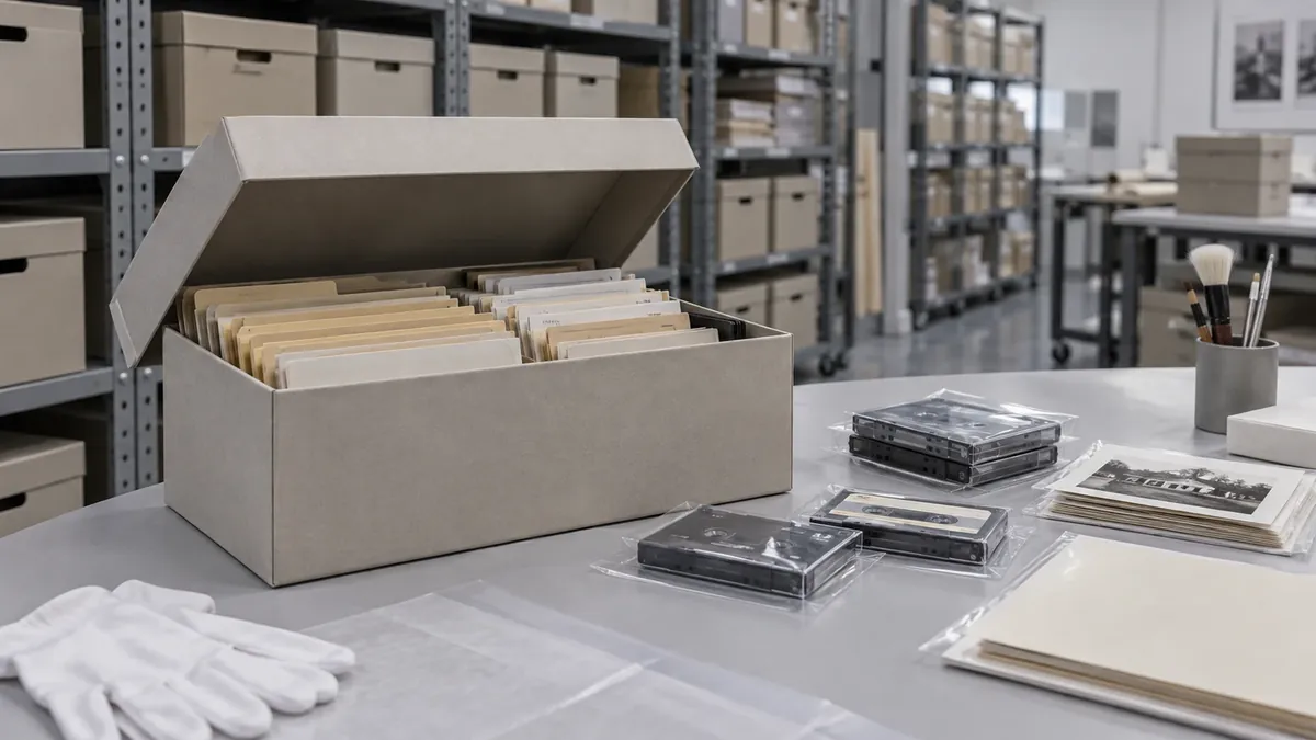 Carpetas y casetes conservados en cajas de archivo