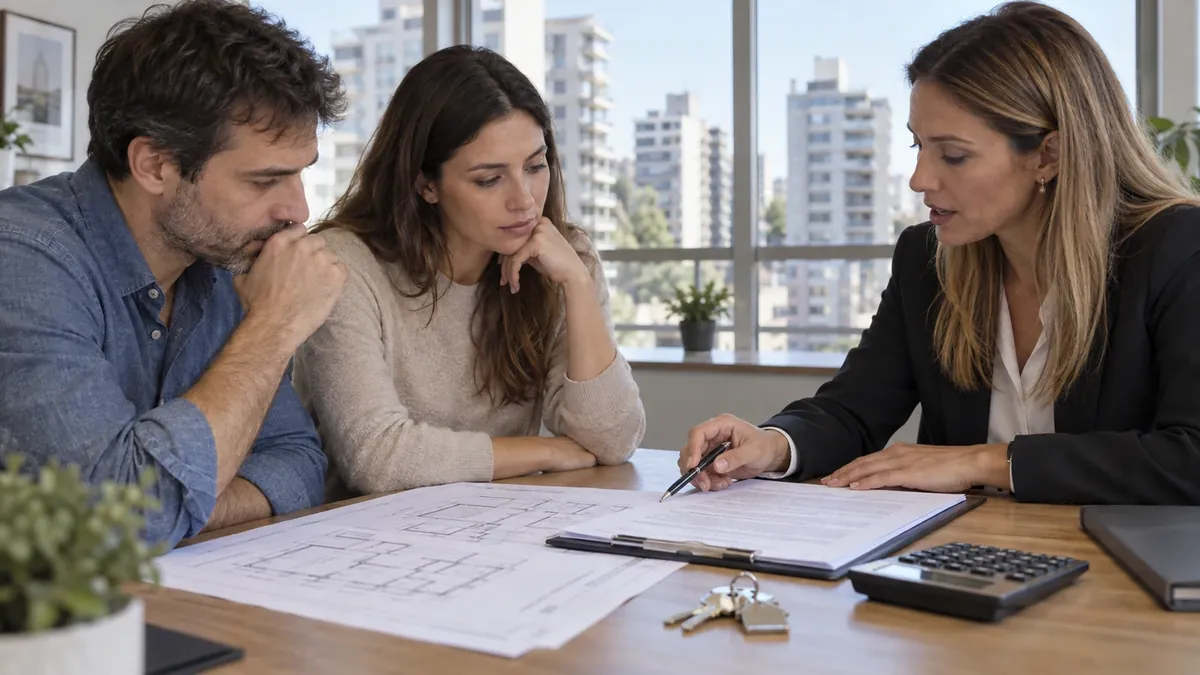 Pareja revisa un contrato hipotecario y un plano junto con una asesora