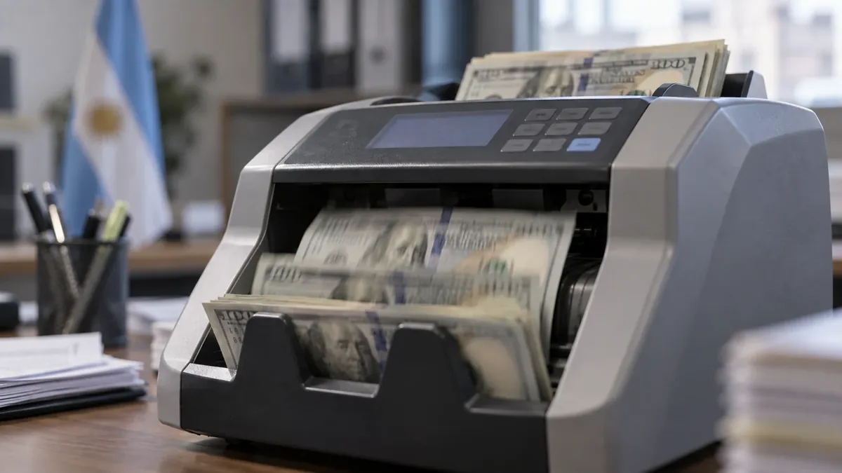 Máquina contadora de billetes con dólares en una oficina