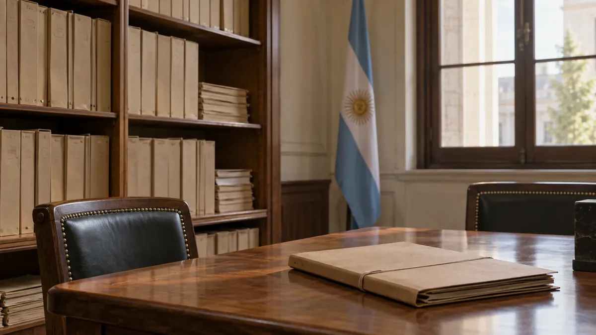 Carpetas cerradas y una mesa de consulta en un archivo judicial