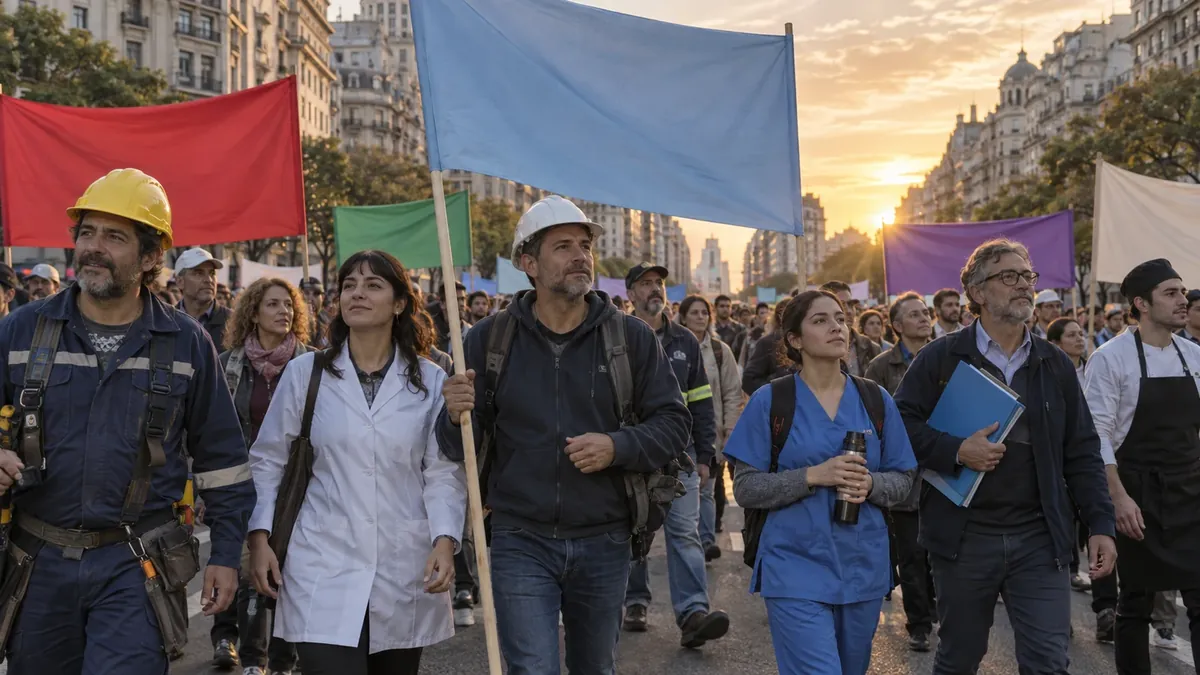 Trabajadoras y trabajadores marchan por una avenida porteña durante una conmemoración laboral