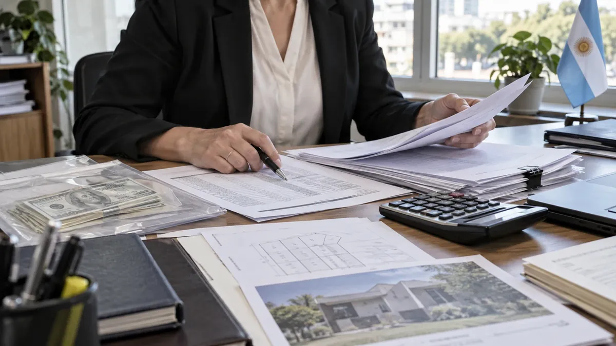 Analista revisa documentación patrimonial, planos y registros contables en una oficina