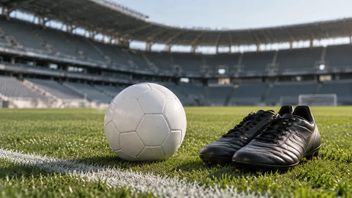 Pelota y botines sobre el césped de una cancha vacía