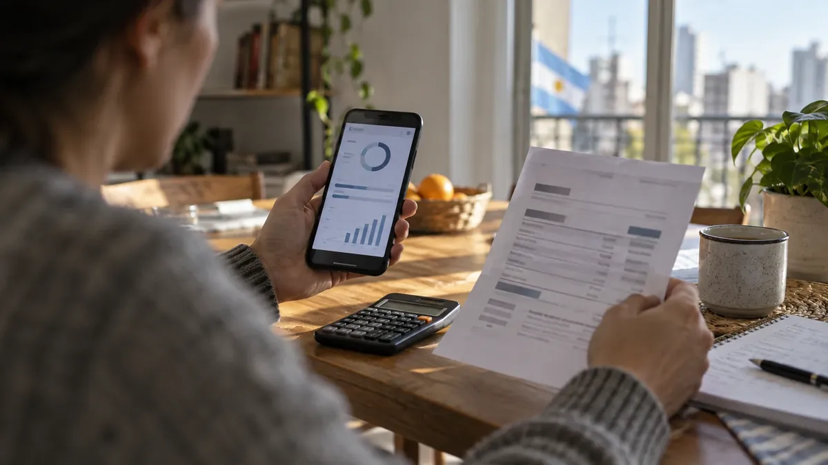 Persona compara las condiciones de un crédito digital con una planilla y una calculadora