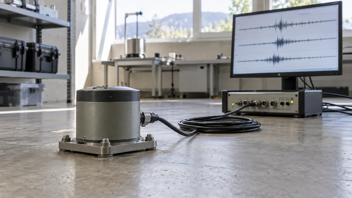 Sensor sísmico conectado a un equipo de registro con trazas de ondas en pantalla