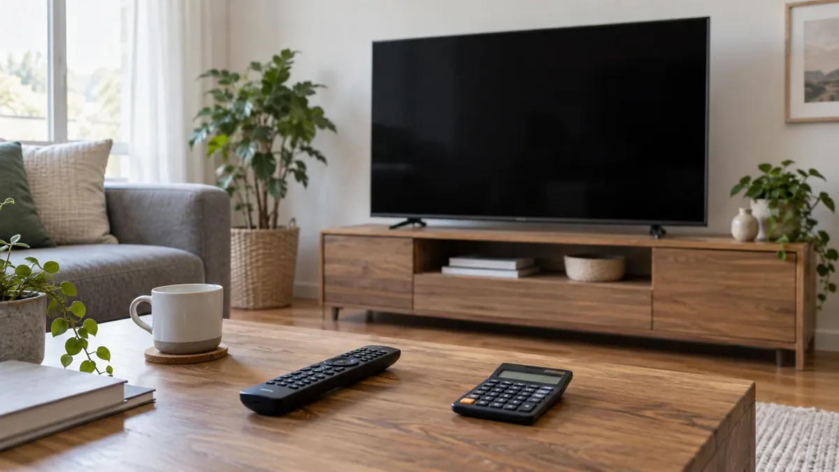 Televisor, control remoto y calculadora en una sala luminosa