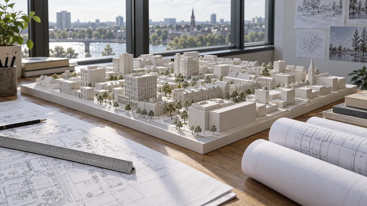 Maqueta urbana y planos de un conjunto de edificios