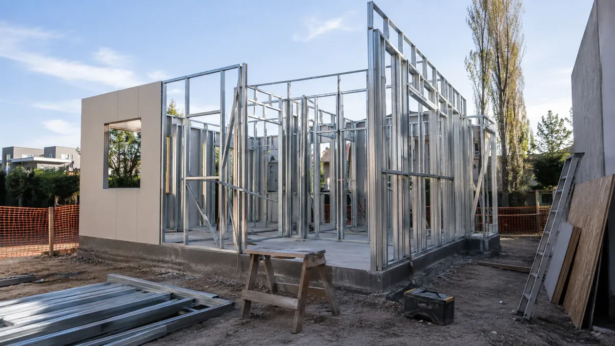Estructura de acero liviano y paneles en una obra residencial, escena conceptual