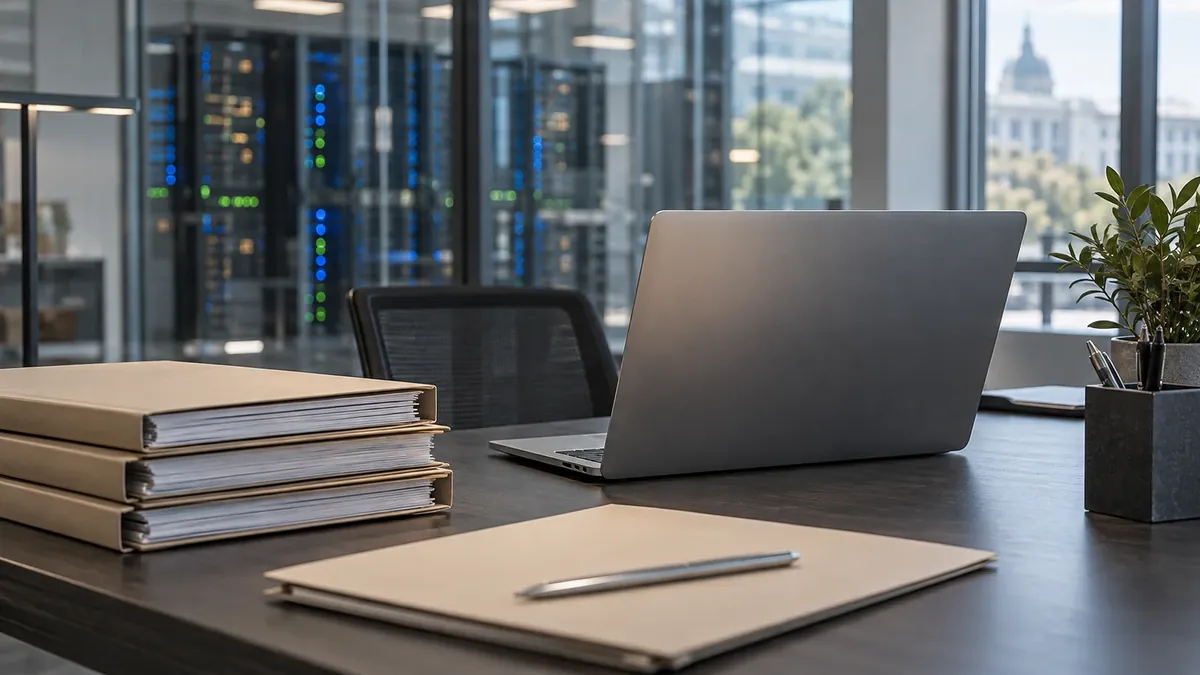 Carpetas administrativas, computadora y servidores al fondo